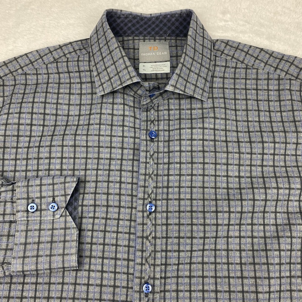Thomas Dean Dress Shirt Mens XL Gray w/Black-Blue Checks Long Sleeves Flip Cuffs